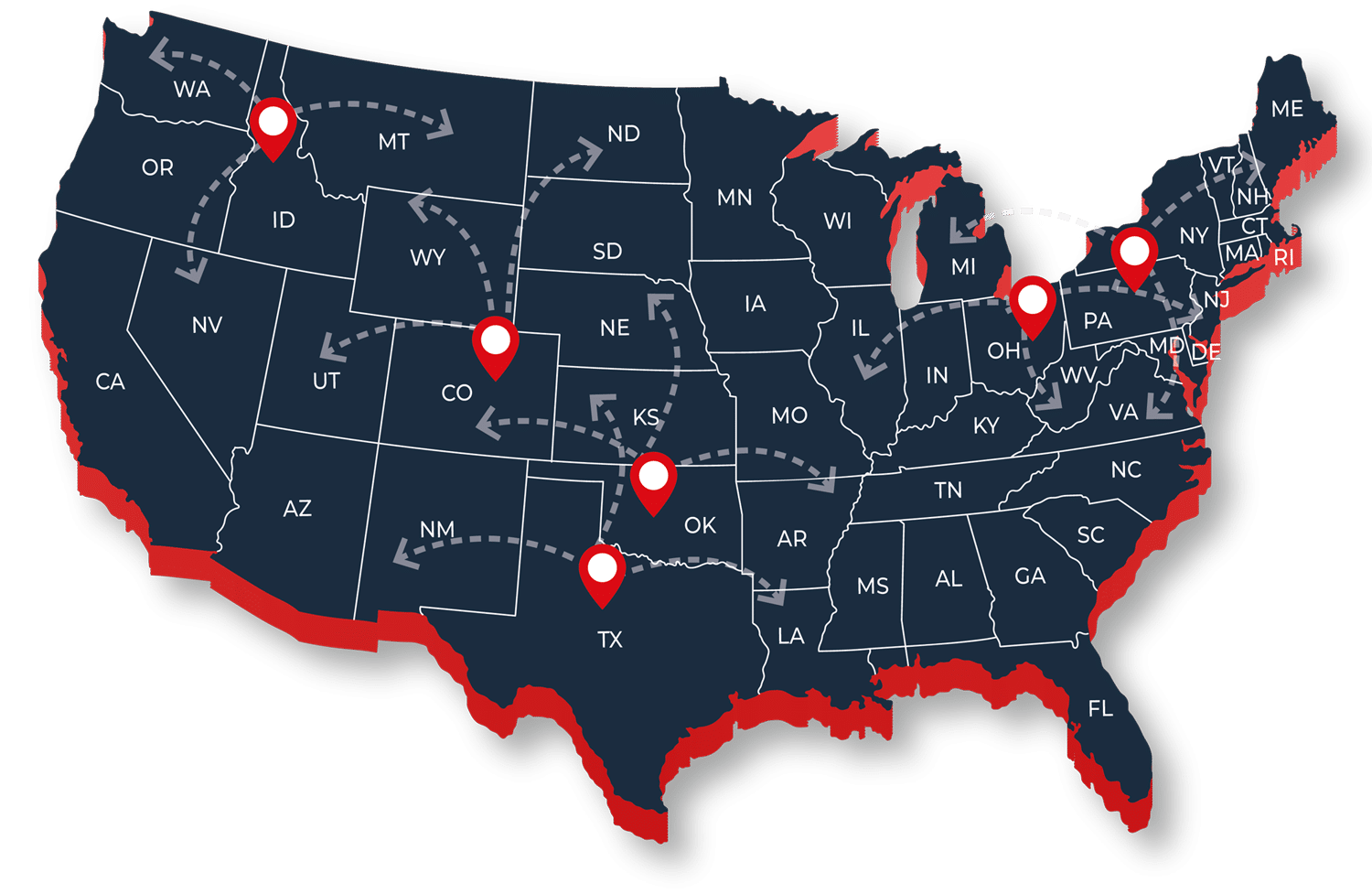 Map of the USA with metals NDT locations